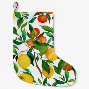 Zitrusfrüchte, lebendiges Aquarellmuster. Kleiner Weihnachtsstrumpf