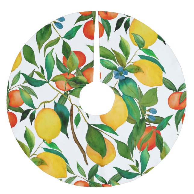 Zitrusfrüchte, lebendiges Aquarellmuster. Polyester Weihnachtsbaumdecke (Vorderseite)