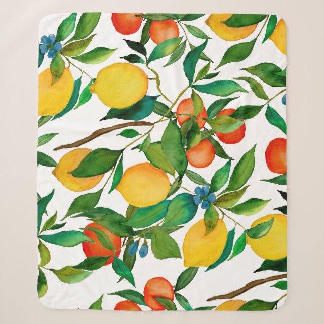 Zitrusfrüchte, lebendiges Aquarellmuster. Sherpadecke (Vorderseite)