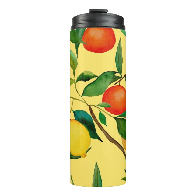 Zitrusfrüchte, lebendiges Aquarellmuster. Thermosbecher (Vorderseite)