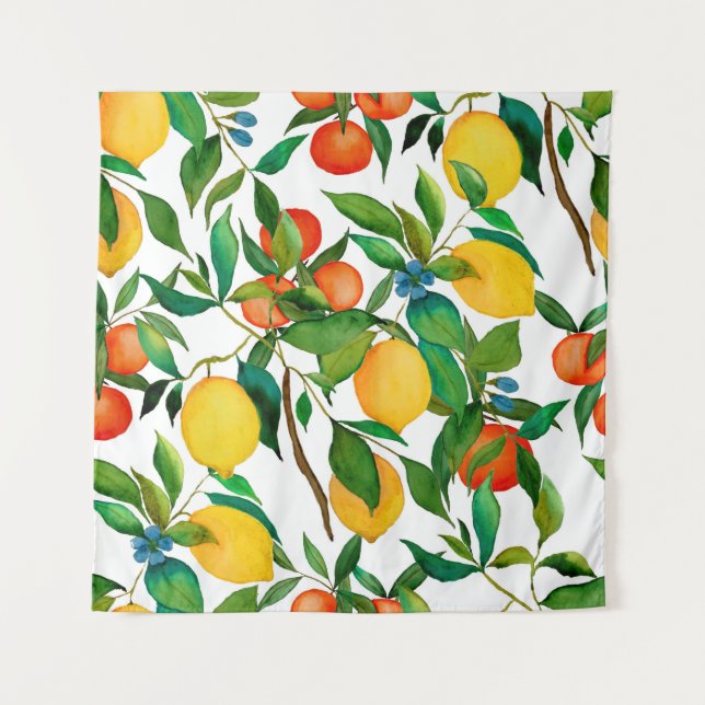 Zitrusfrüchte, lebendiges Aquarellmuster. Wandteppich (Vorderseite)