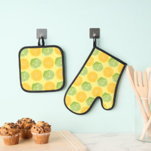 Zitrusfrüchte Limonen und Zitronen Muster gelb Ofenhandschuh & Topflappen-Set