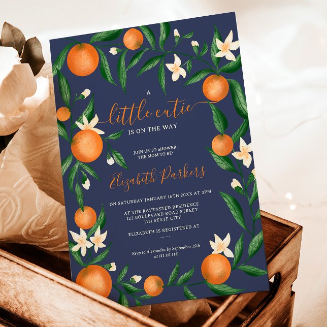 Zitrusfrüchte-Süsse-Blau Einladung (Botanical citrus orange little cutie blue invitation)
