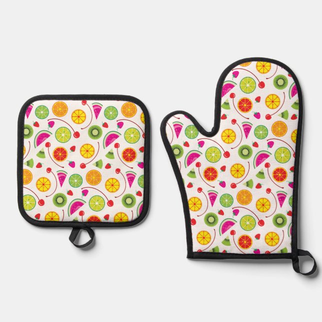 Zitrusfrüchte und Beeren Ofenhandschuh & Topflappen-Set (Vorderseite)