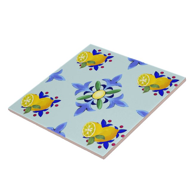 Zitrusfrüchte, Zitronen, Majolika  Fliese (Seite)