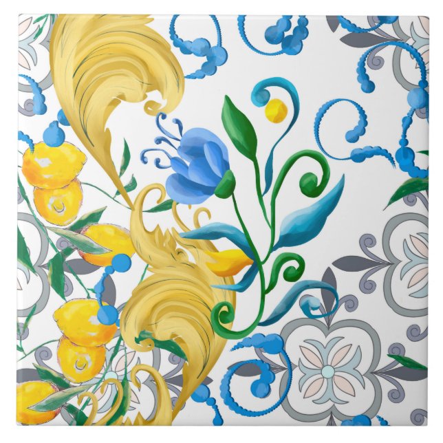 Zitrusfrüchte, Zitronen, mediterran     Fliese (Vorderseite)