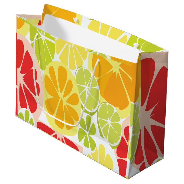 Zitrusfruchtmuster Große Geschenktüte (Vorderseite Schrägansicht)