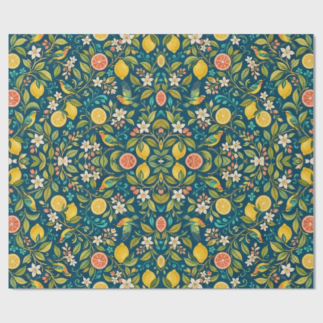 Zitrusgarten Vögel und Blüten Geschenkpapier (Flach)