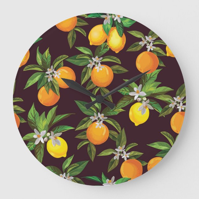 Zitrusmuster, Vintage Zitronenfrüchte. Große Wanduhr (Vorderseite)