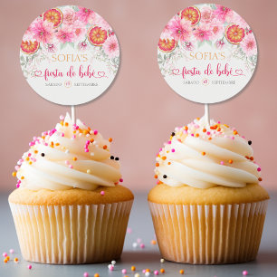 Zitrusrosa-Aquarellblumen spanische Babyparty Runder Aufkleber