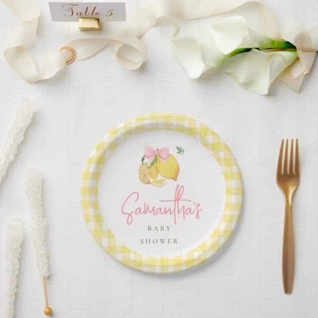 Zitrusrosa Bogen gelb Gingham-Papierteller Pappteller (Hochzeit)