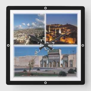 zMA016 FEZ, Mosaik, Marokko, Afrika, Quadratische Wanduhr