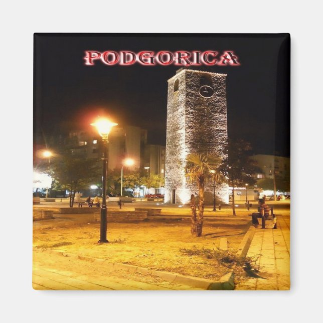 zME013 PODGORICA Uhrenturm bei Nacht, Kühlschrank Magnet (Vorne)