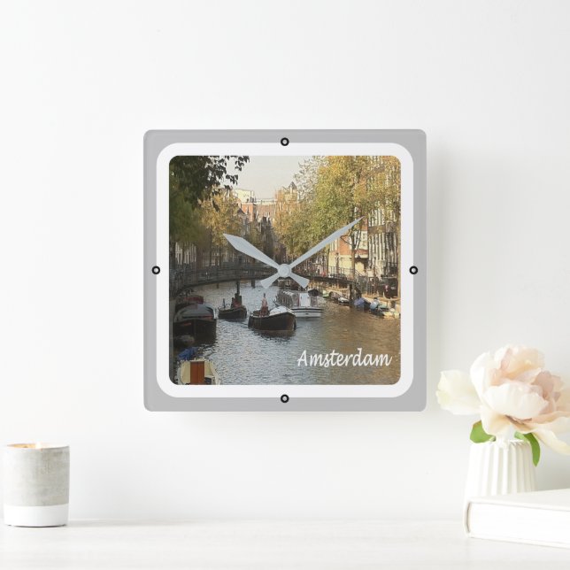 zNL017 AMSTERDAM schiffbarer Kanal, Quadratische Wanduhr (Zuhause)