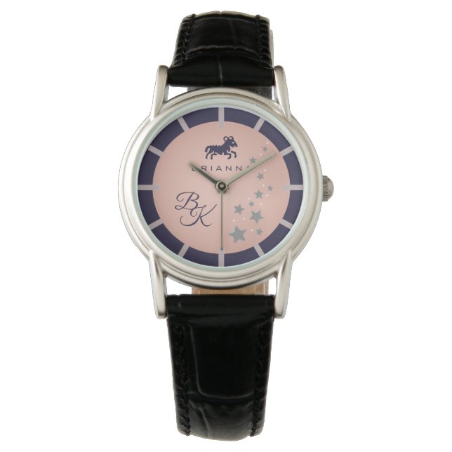 Zodiac Aries Elegant Rosé Dark Blue Mit Monogramm Armbanduhr (Vorderseite)