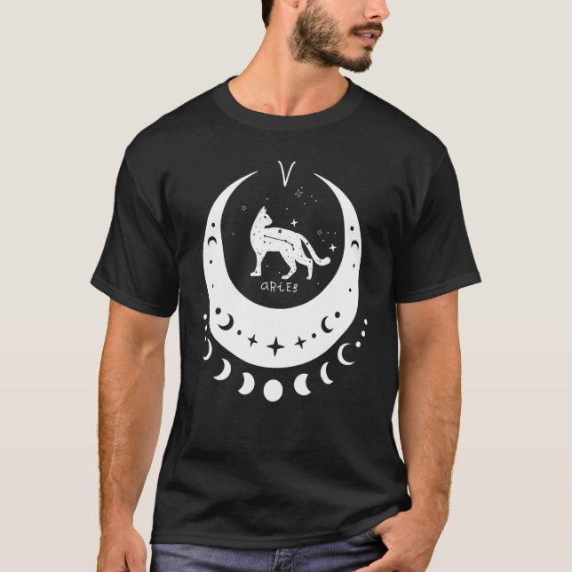 Zodiac Aries Horoscope Astrology Cat Crescent Moon T-Shirt (Vorderseite)
