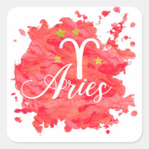 Zodiac Aries Red Watercolor Gold Stars Zeichen Quadratischer Aufkleber