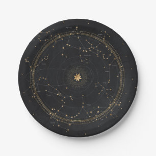 Zodiac Astrologie Sternenkarte Schwarzes Gold Pappteller