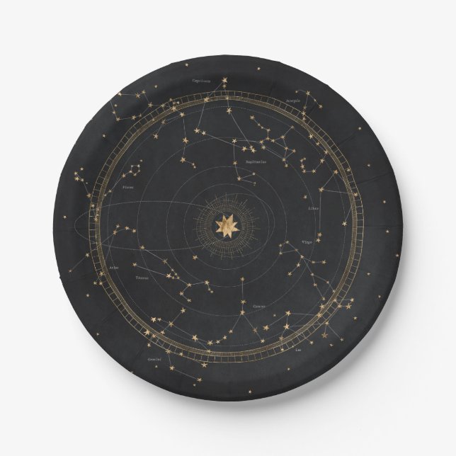 Zodiac Astrologie Sternenkarte Schwarzes Gold Pappteller (Vorderseite)