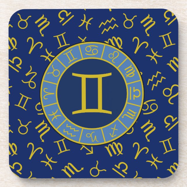 Zodiac+Astrologie Symbole Muster Gold+Blues Getränkeuntersetzer (Vorderseite)