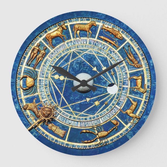 Zodiac Blue and Gold Old World Celestial Astrologi Große Wanduhr (Vorderseite)