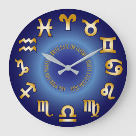Zodiac Blue Gold Monogram Add your own Text Date Große Wanduhr