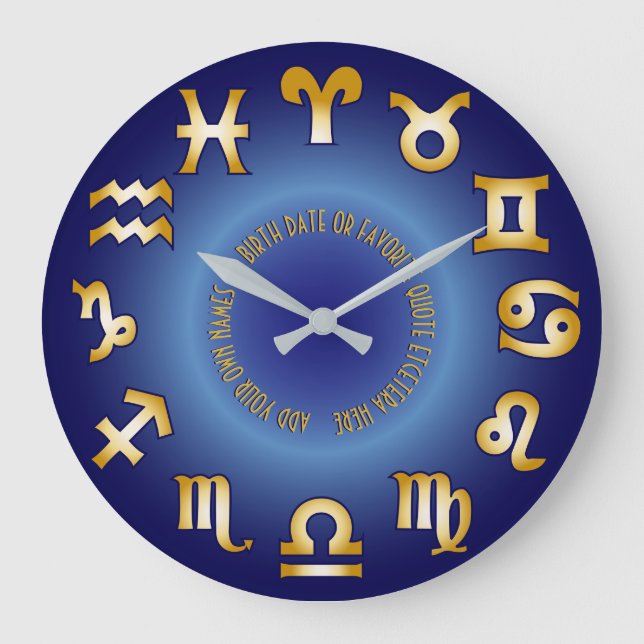Zodiac Blue Gold Monogram Add your own Text Date Große Wanduhr (Vorderseite)