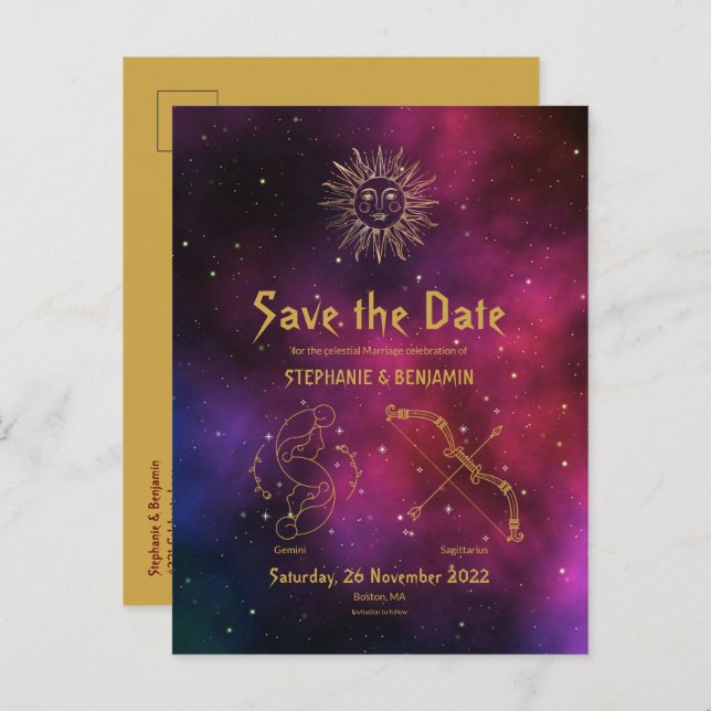 Zodiac Burgundy Gemini Sagittarius Save the Date Ankündigungspostkarte (Vorne/Hinten)