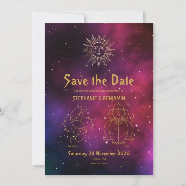 Zodiac Burgundy Gold Gemini/Leo Celestie Modern Save The Date (Vorderseite)