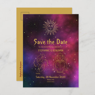 Zodiac Burgundy Gold Gemini/Leo Save the Date Ankündigungspostkarte
