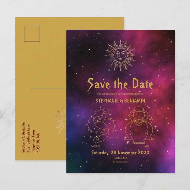 Zodiac Burgundy Gold Gemini/Leo Save the Date Ankündigungspostkarte (Vorne/Hinten)