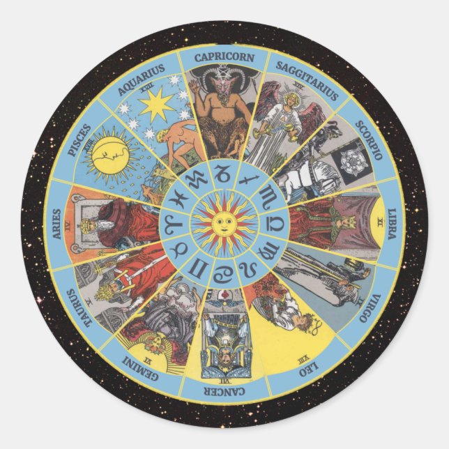 Zodiac Circle w Astrologische Symbole & Tarot Card Runder Aufkleber (Vorderseite)