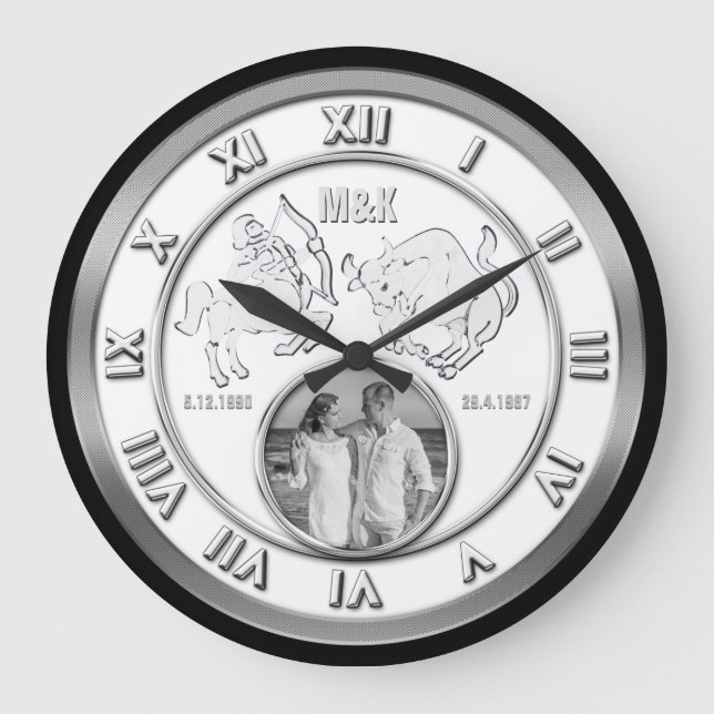 Zodiac Couple Foto Wedding Monogram Your Signs Große Wanduhr (Vorderseite)