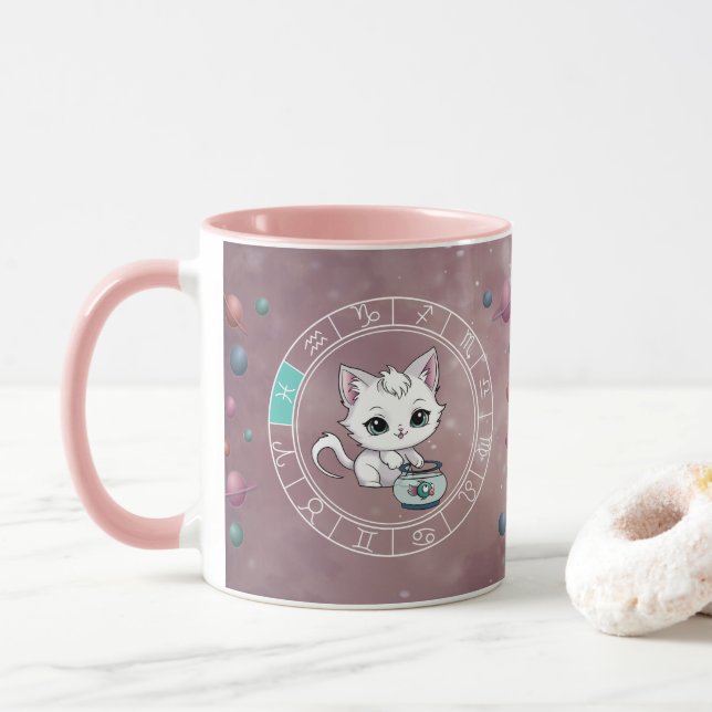 Zodiac Fisces Niedlich Cat Wheel Planet Astrologie Tasse (Mit Donut)