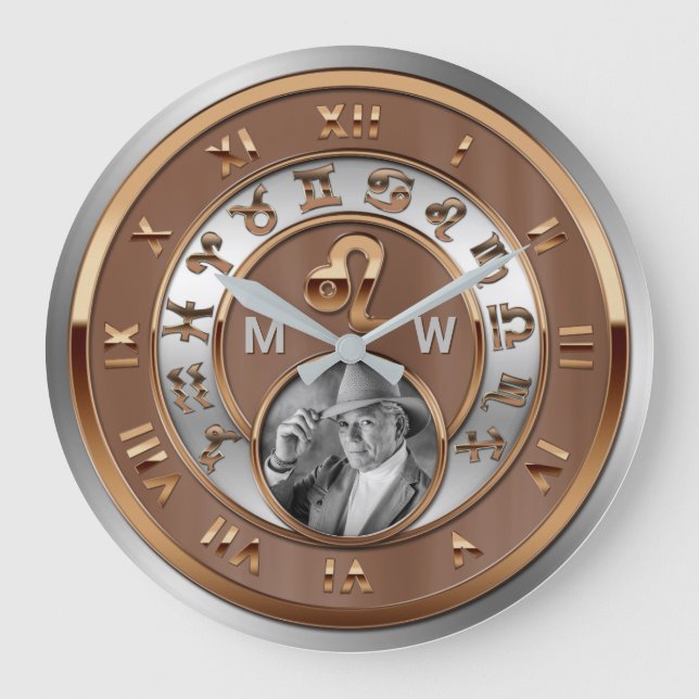Zodiac Foto Bronze Silver Birth Monogram Leo Lion Große Wanduhr (Vorderseite)