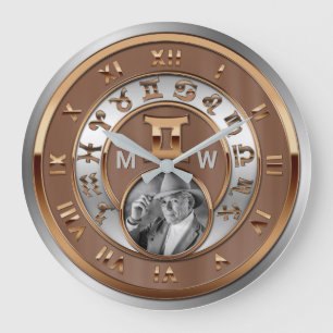 Zodiac Foto Bronze Silver Monogram Zwillinge Große Wanduhr