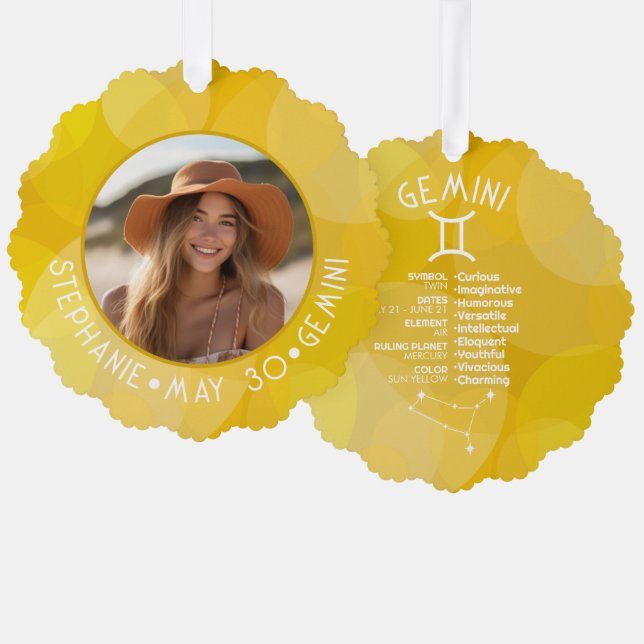 Zodiac Gemini Custom Birthday Foto Astrologie Ornament Karte (Vorderseite/Rückseite)