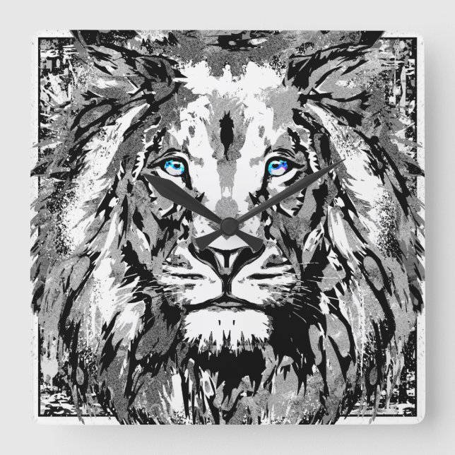 Zodiac Leo Gray Lion Portrait Zeichnend - Löwenuhr Quadratische Wanduhr (Vorderseite)