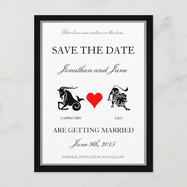 Zodiac-Liebe Save the Date (Capricorn/Leo) Ankündigungspostkarte (Vorderseite)