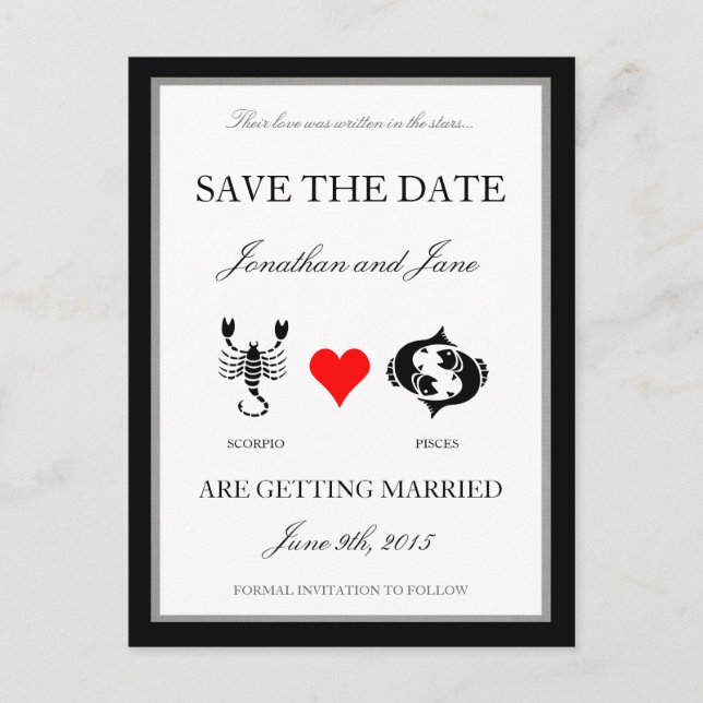 Zodiac-Liebe Save the Date (Scorpio/Pisces) Ankündigungspostkarte (Vorderseite)