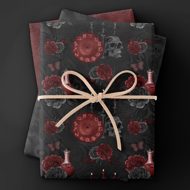 Zodiac Magic Crimson | Henna Red Gothic Skull Rose Geschenkpapier Set (Von Creator hochgeladen)