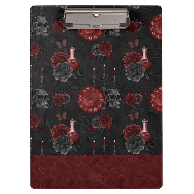 Zodiac Magic Crimson | Henna Red Gothic Skull Rose Klemmbrett (Vorderseite)