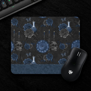 Zodiac Magic   Dark Navy Blue Gothic Skull Roses Mousepad