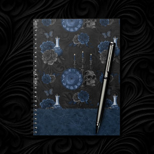 Zodiac Magic   Dark Navy Blue Gothic Skull Roses Notizblock