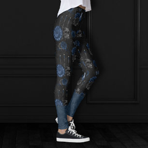 Zodiac Magic Dark Navy Blue Gothull Rose Leggings