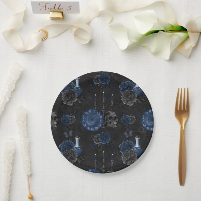 Zodiac Magic | Dark Navy Blue Gothull Rose Pappteller (Hochzeit)