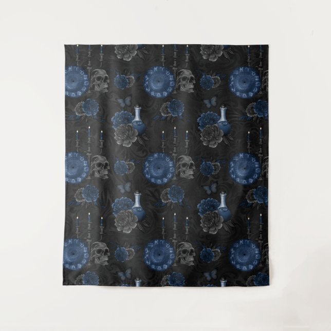 Zodiac Magic | Dark Navy Blue Gothull Rose Wandteppich (Vorderseite)