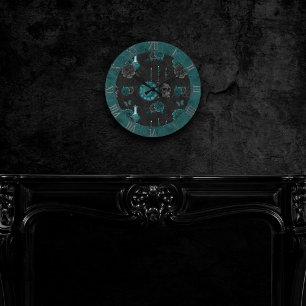 Zodiac Magic   Dark Teal Green Gothic Skull Roses Runde Wanduhr