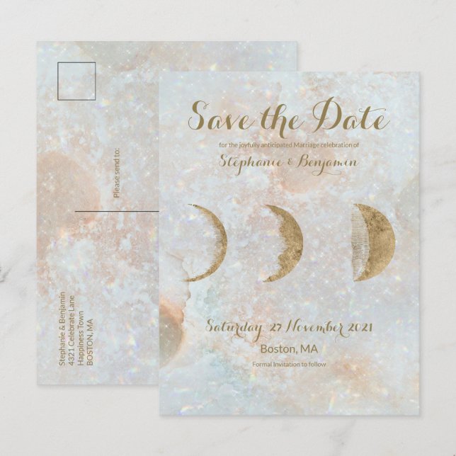 Zodiac Moon Ice Blue Celestial Gold Save the Date Ankündigungspostkarte (Vorne/Hinten)