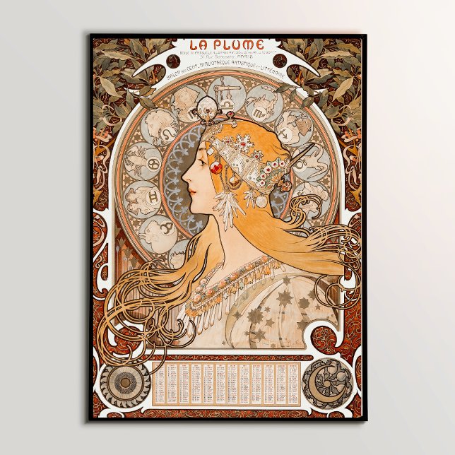 Zodiac: Muchas Ikonisches Jugendstil-Meisterwerk Poster (Alphonse Maria Mucha's Zodiaque or La Plume (ca. 1896–1897) by. Famous Art Nouveau artwork)